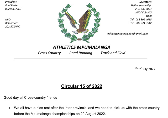 Athletics Mpumalanga Circular 15 of 2022